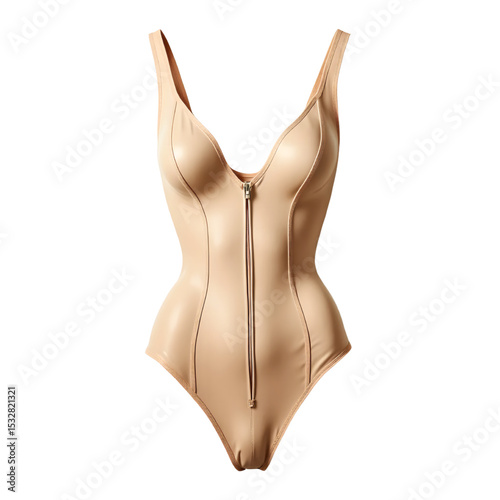 Fashionable nude swimsuit with zipper on white background copy space