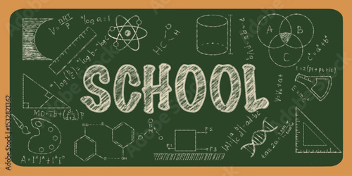 classroom green chalkboard with doodle school text, science, paint, and mathematic elements, formula mathematic and science