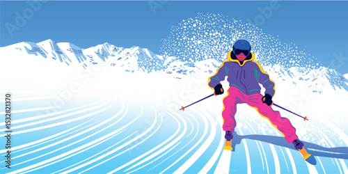 Winter landscape with skier on skiing slope, forest and mountains in the background. Handmade drawing vector illustration. Can be used as poster, banner etc.	