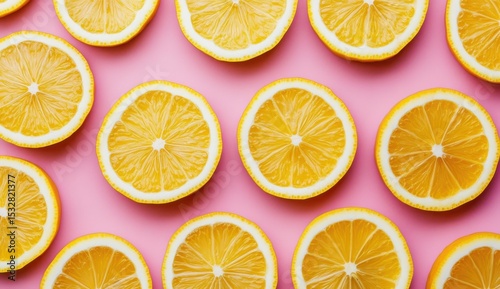 Uniform pattern of dried lemon slices casting shadows on a pink background
