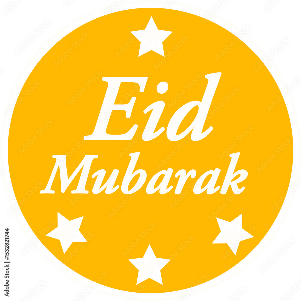 Fototapeta premium Eid Mubarak emblem is featuring 2D gold seal with white serif text, stars on transparent background