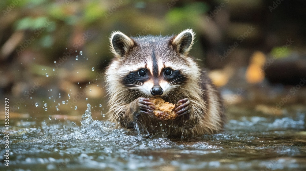 Cute Raccoon Washing Food in Stream with Water Splash in Forest – Wildlife Closeup Photo Cute Raccoon Washing Food in Stream with Water Splash in Forest – Wildlife Closeup Photo