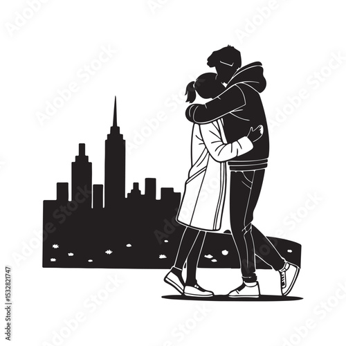 Silhouette of couple embracing in cityscape