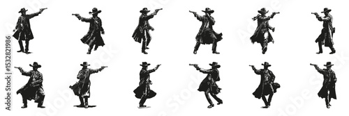 Cowboy Gunfighter Silhouettes In Icon Set. Western Action And Adventure Theme Collection. Entertainment And Historical Use. Isolated Vector Illustration