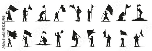 People Holding Flags In Silhouette Set. Protest And Celebration Symbol Collection. Social And Political Use. Isolated Vector Illustration