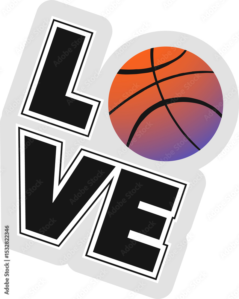 Naklejka premium Sticker-style illustration is featuring LOVE with gradient basketball O on transparent background