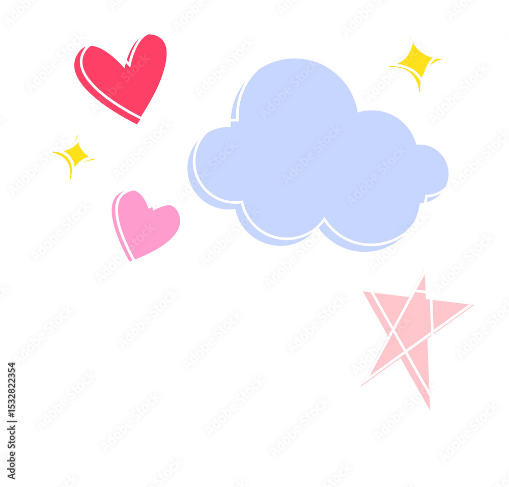 Fototapeta premium Floating flat pastel doodles forming cloud hearts stars sparkles on transparent background