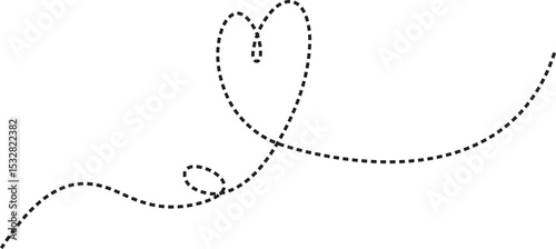 Abstract dashed line path is flowing across transparent canvas, looping into dark grey heart shape