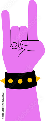 Flat purple hand is showing rock horns with studded and spiked leather band, transparent background
