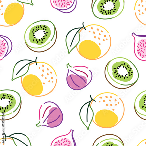 Cute seamless pattern with kiwis, figs and oranges in hand-drawn style on white background. Fruit illustration. Summer food and healthy eating concept for design and print