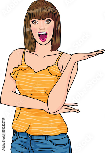 Shocked Gesture: Captivating portrayal of a surprised and expressive woman, extending her hand with open palm, embodying amazement and excitement.