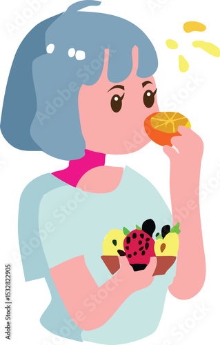 Juicy Delight: A girl revels in the sensory experience of fresh fruit, savoring the aroma of a ripe orange, inviting a moment of pure, simple joy.
