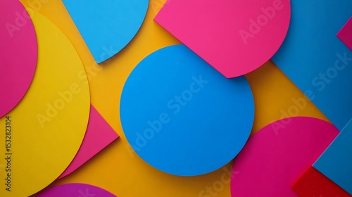 Abstract composition featuring vibrant geometric shapes overlapping against a yellow backdrop