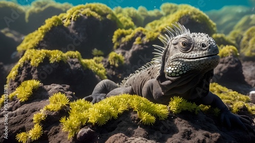 Underwater Marine Iguana Amidst Yellow Algae on Volcanic Rocks