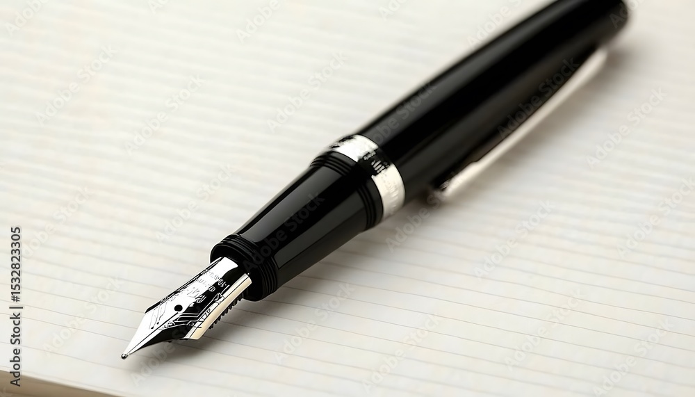 A black fountain pen with a silver nib rests on a light-colored surface. A black fountain pen with a silver nib rests on a light-colored surface.