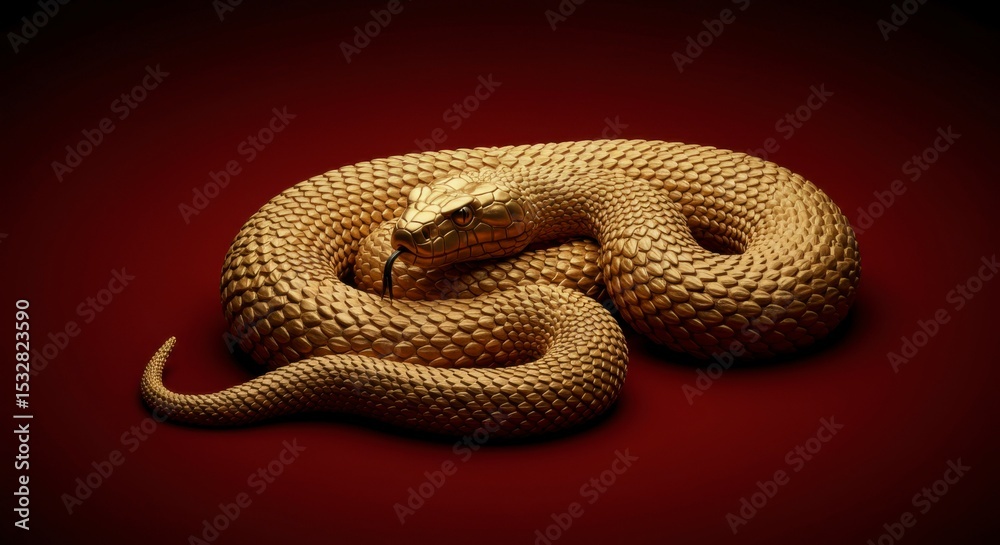 Fototapeta premium Golden snake coiled on red background