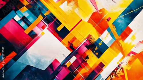 Dynamic abstract artwork featuring overlapping geometric shapes in vibrant colors creating visual texture and depth