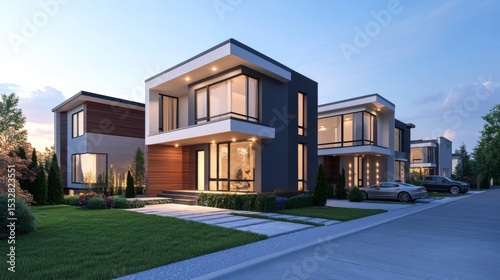 A modern twin house in a suburban neighborhood with a neat front yard, clean driveway, and contemporary architecture.