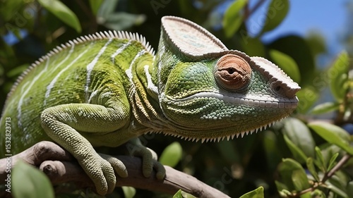 Vibrant Green Chameleon on Branch, Close-up
