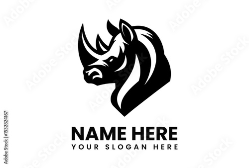 Powerful black silhouette vector logo of a rhinoceros with prominent horn representing strength and wildlife conservation