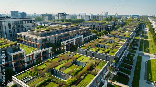 Aerial view of green roof garden in modern eco-urban complex. photo