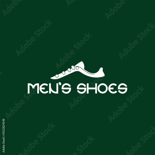 A crisp logo features the words "MEN'S SHOES" in stylish white lettering, accompanied by a sleek white shoe icon, all set against a rich, dark green background. Ideal for a footwear brand or retail ou
