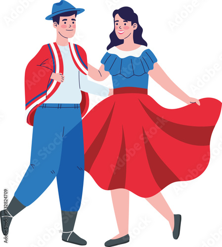 Dancing Duo: A captivating illustration showcases a man and woman in vibrant, traditional attire. The couple, lost in the joy of the dance.
