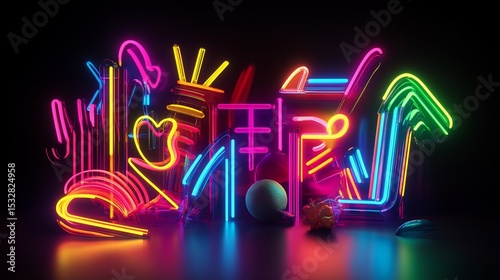 A dynamic and abstract neon arrangement featuring vibrant colors and geometric shapes against a dark backdrop