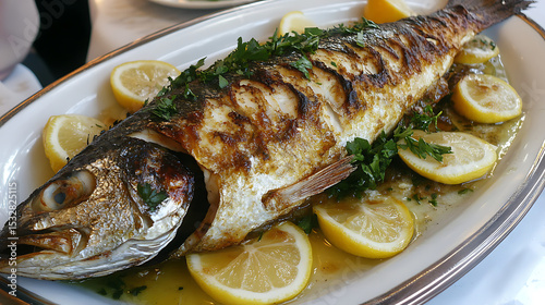 Grilled whole fish garnished with lemon slices and parsley on a white serving platter close up view