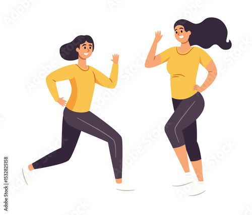 Joyful Movement: Two dynamic females, vibrant and full of energy, engaged in joyful movement and embodying the spirit of fitness and health.