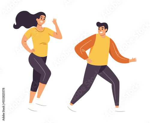 Dynamic Duo in Action: Capturing a cheerful couple in mid-stride, radiating energy and vitality, as they move together.