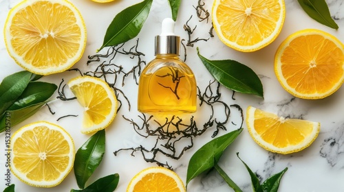 Refreshing Citrus Essential Oil with Lemon and Green Leaves Decoration
