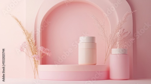 Minimalist Organic Cosmetic Display with Pink Background and Decor