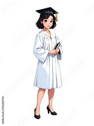 A Graduate's Achievement: A young woman celebrates her graduation in a classic cap and gown. The illustration captures a moment of academic triumph.