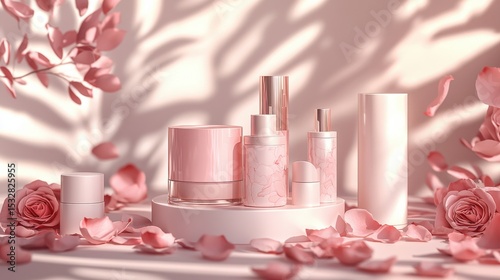 Elegant Pink Skincare Products Displayed Among Rose Petals and Leaves