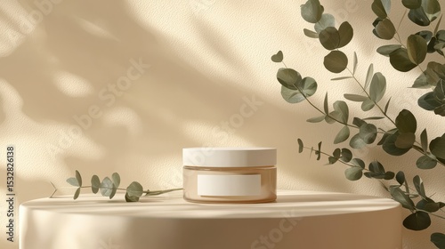 Elegant Skincare Jar with Eucalyptus Leaves on Minimalist Surface