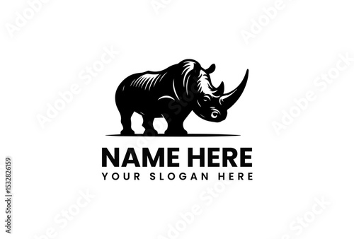 Powerful black silhouette vector logo of a rhinoceros with prominent horn representing strength and wildlife conservation