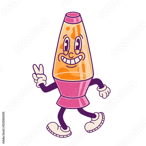 Cartoon lava lamp is walking on transparent bg, flashing peace sign with gloved hand