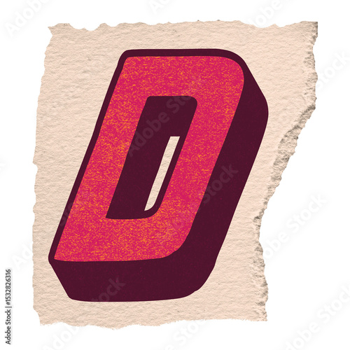 3D render stylized letter D is floating on torn beige paper sheet with transparent background