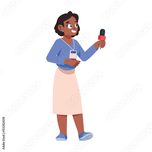 News Reporter Illustration: A journalist stands ready, holding a microphone, representing the essence of news gathering and communication. Ready to report any time