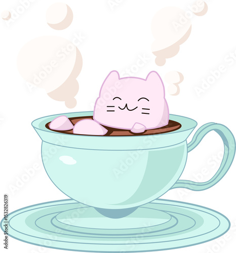 Fototapeta Naklejka Na Ścianę i Meble -  Pastel art is showing pink cat marshmallow floating in cup, steam bubbles on transparent background