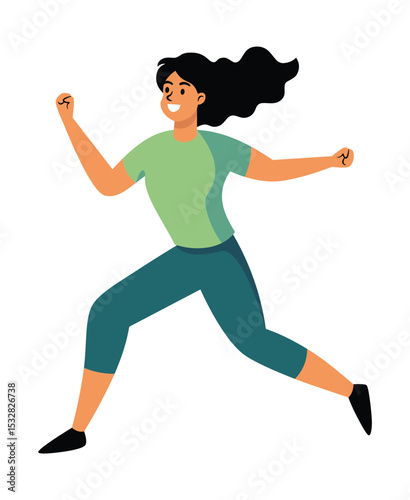 Energy Unleashed: A vibrant illustration of a woman in motion, embodies energy and enthusiasm. Captured in bright color, she moves forward, representing fitness, healthy life.