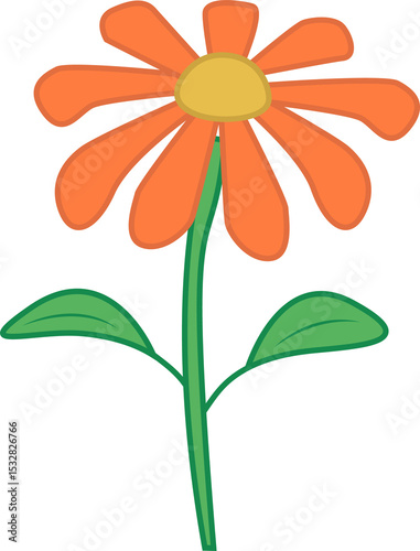 Fototapeta Naklejka Na Ścianę i Meble -  Cartoon-style orange flower is blooming on transparent backdrop with yellow center and green leaves