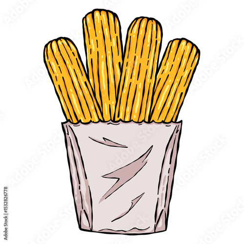 Churro sticks are standing upright in white paper pouch, hand-drawn style on transparent background