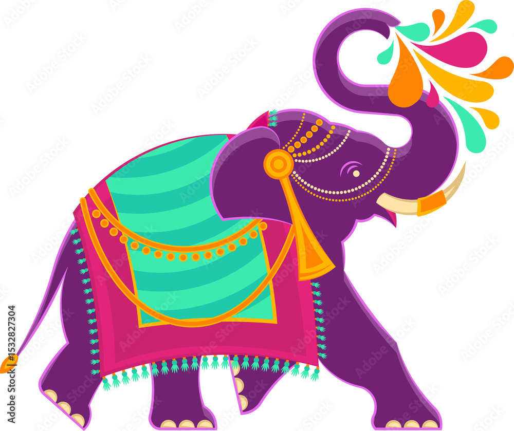 Obraz premium Vector purple elephant is wearing teal-magenta saddle with tassels and droplets, transparent backgro