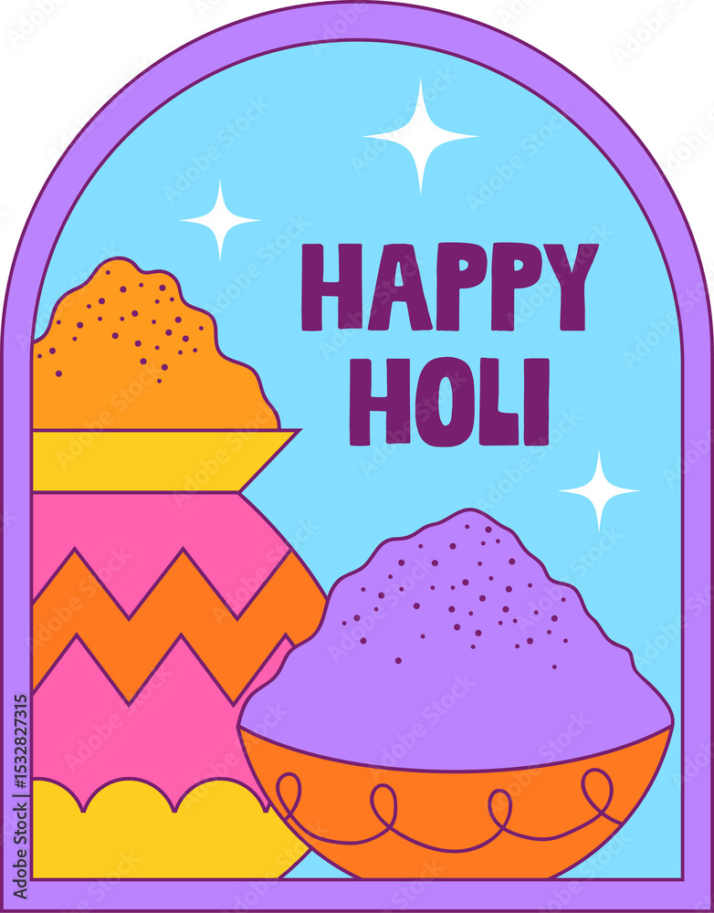 Obraz premium Showing flat Holi orange-purple bowls in purple arch, HAPPY HOLI and stars, transparent copy space