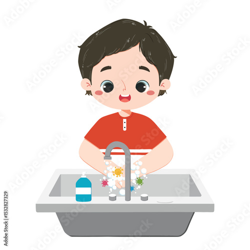 Cleanliness Ritual: A cheerful young boy diligently washes his hands, soap and water creating a protective barrier against unseen germs, in a vivid illustration promoting hygiene and health.