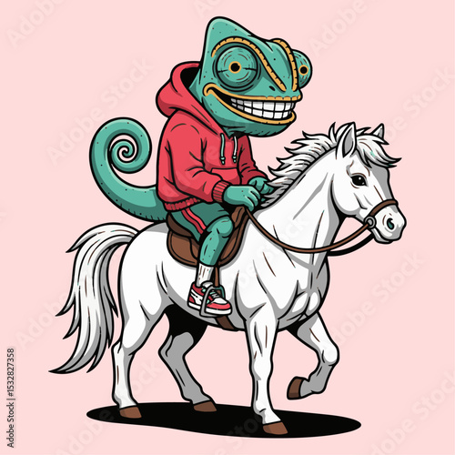 Cartoon chameleon riding a white horse in a playful fun scene