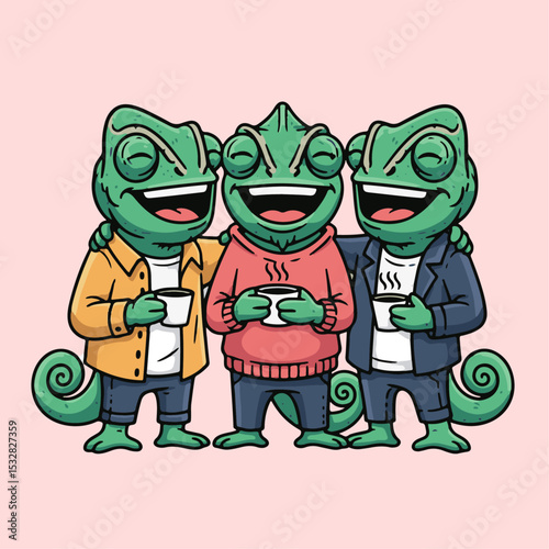Vibrant cartoon Chameleons celebrating cultural diversity in colorful attire