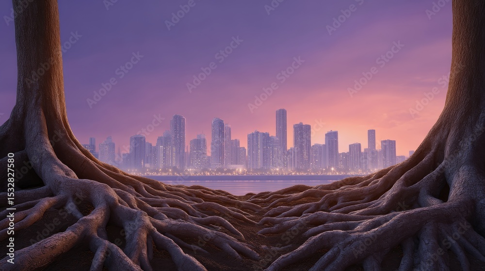 Obraz premium City Skyline Framed by Towering Tree Roots Under Vibrant Purple and Pink Sunset Sky